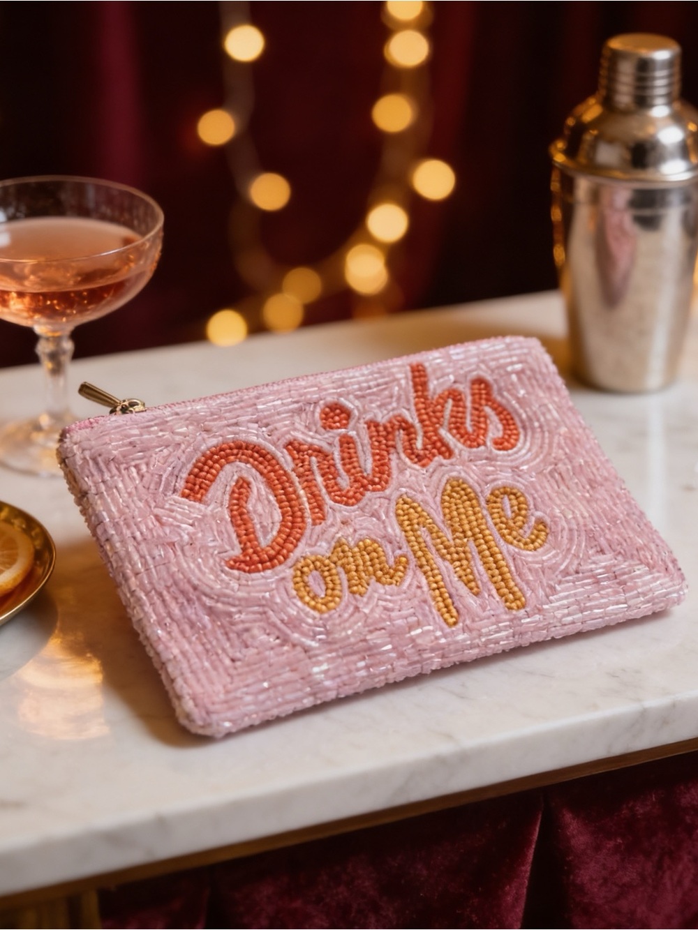 Beaded 'Drinks on Me' Pink Zip Pouch
